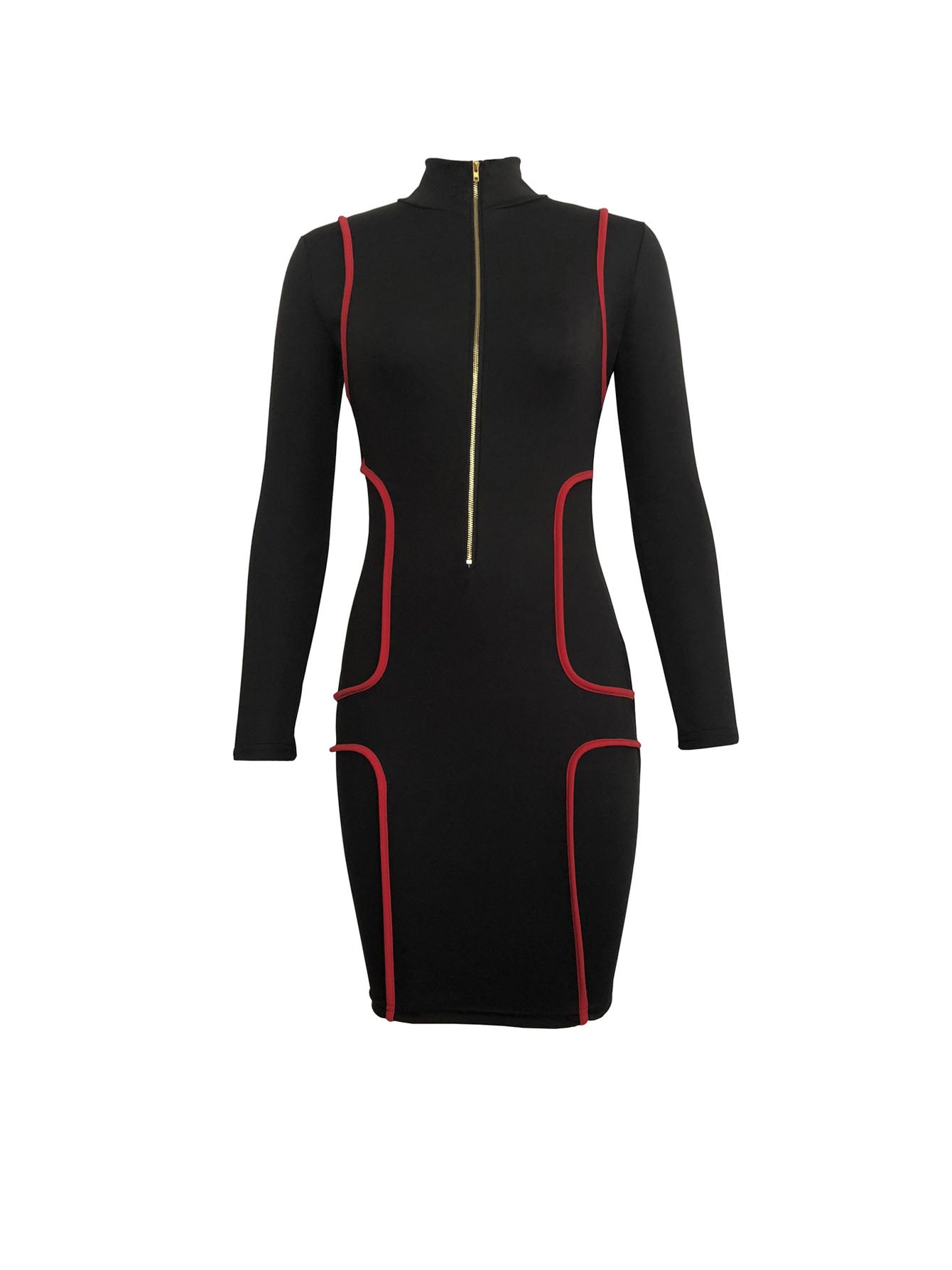 Bodycon Contrast Trim Dress, Sexy Zip Up Polo Neck Long Sleeve Dress, Women's Clothing