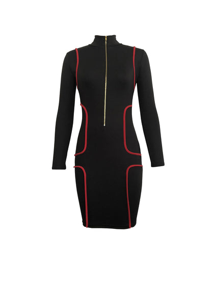 Bodycon Contrast Trim Dress, Sexy Zip Up Polo Neck Long Sleeve Dress, Women's Clothing