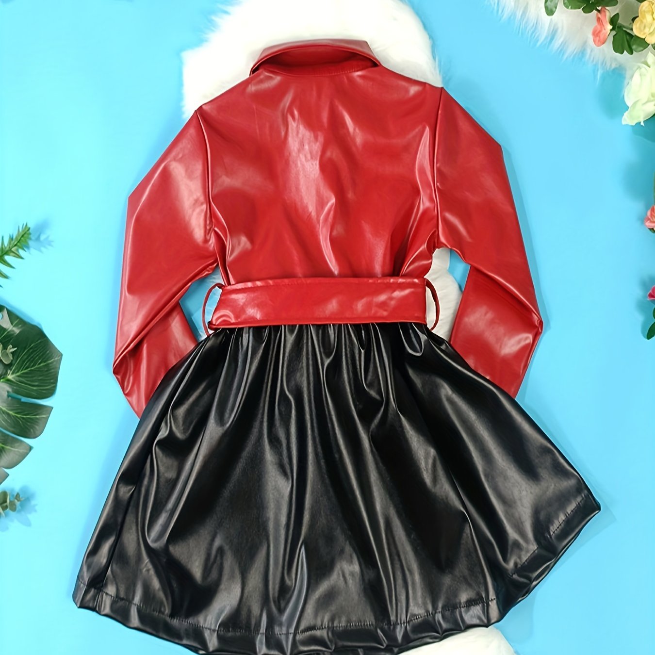 Vibrant Color Block PU Leather Dress for Girls - Stylish Button Lapel Design, Adjustable Belt, and Comfortable Fit for Kids' Everyday Wear