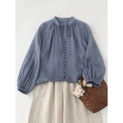 Women's Loose Cotton And Linen Single Row Button Tied Shirt