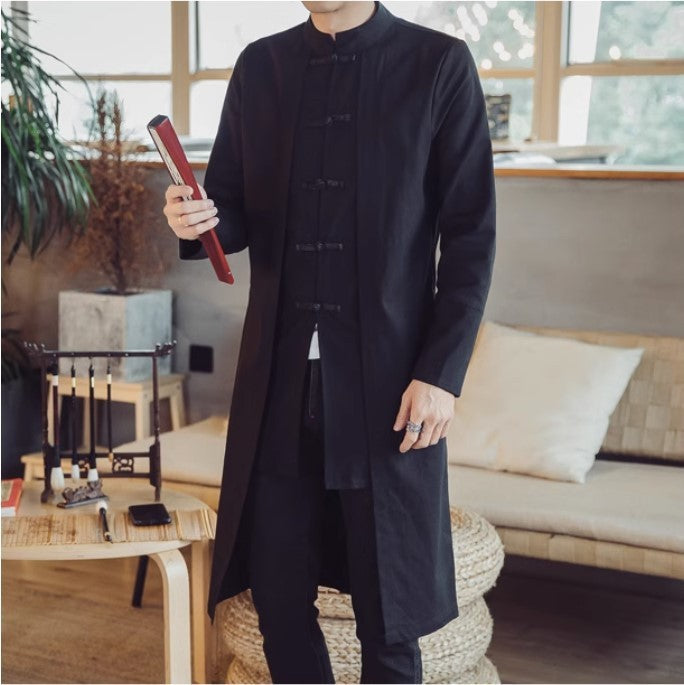 Chinese Style Men's Mid-length Cotton Linen Trench Coat Jacket Embroidered Coat