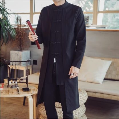 Chinese Style Men's Mid-length Cotton Linen Trench Coat Jacket Embroidered Coat