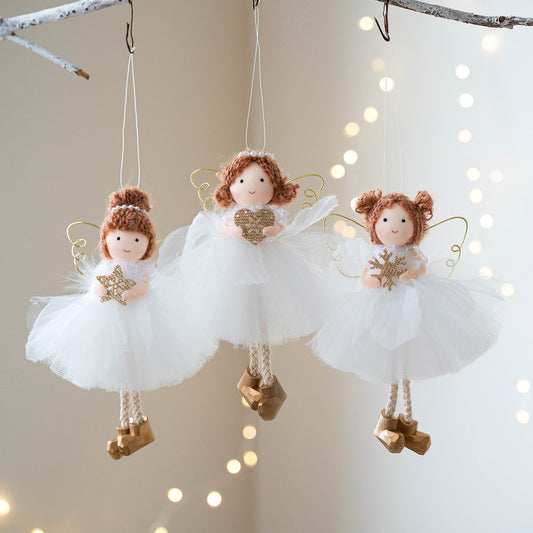 Christmas White Tulle Skirt Golden Wings Angel Girl Pendant