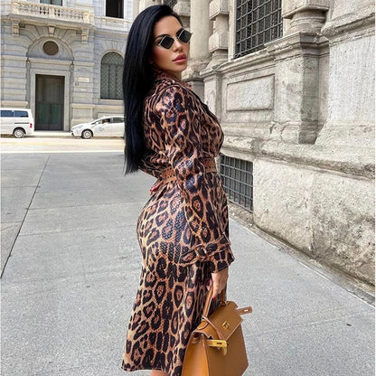 Long-sleeved Leopard Print Shiny Suede Fashion Lace-up Trench Coat