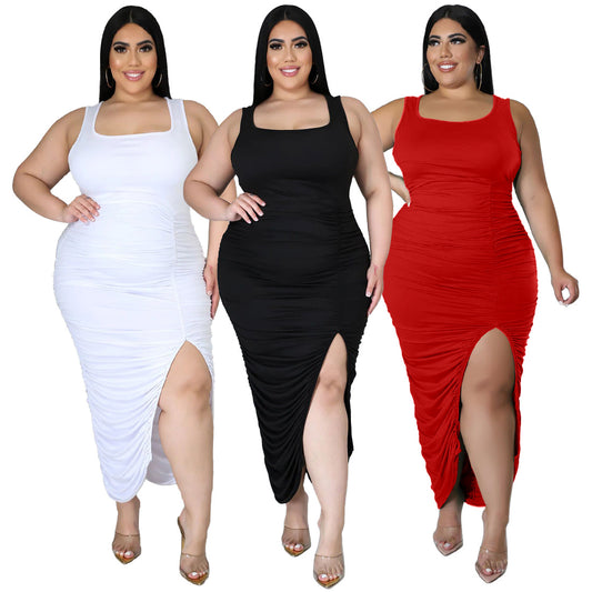 New Solid-color Sleeveless Slim-fit Pleated Dress