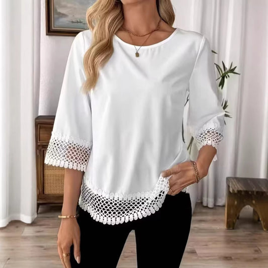 Women's Solid-Color Lace Trim Crewneck T-Shirt