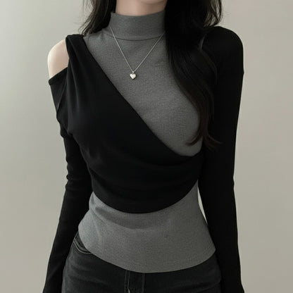 New Color-blocked Mock-neck Slim-fit Top