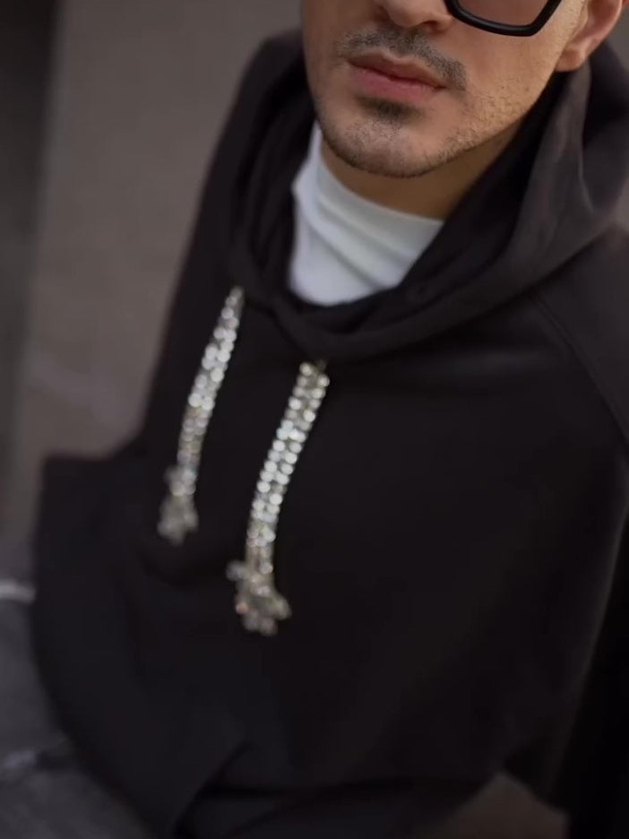 Oversized Hoodie With Crystal-Embellished Drawstrings