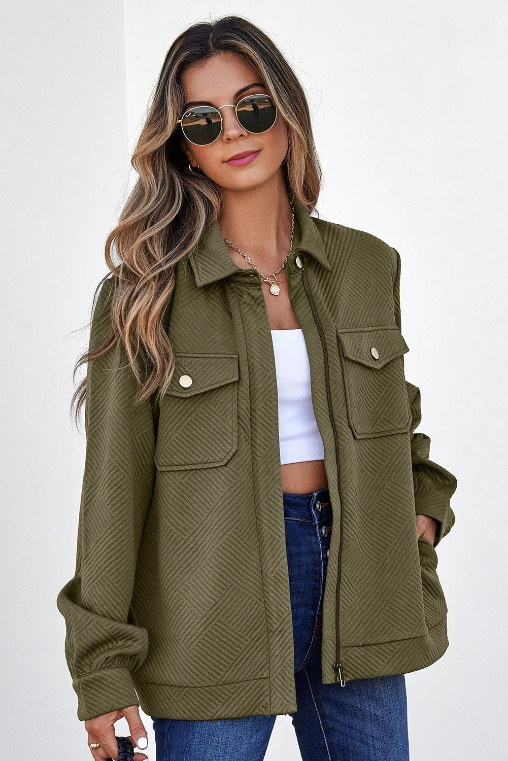 Women's Casual Lapel Texture Solid Color Long Sleeve Jacket