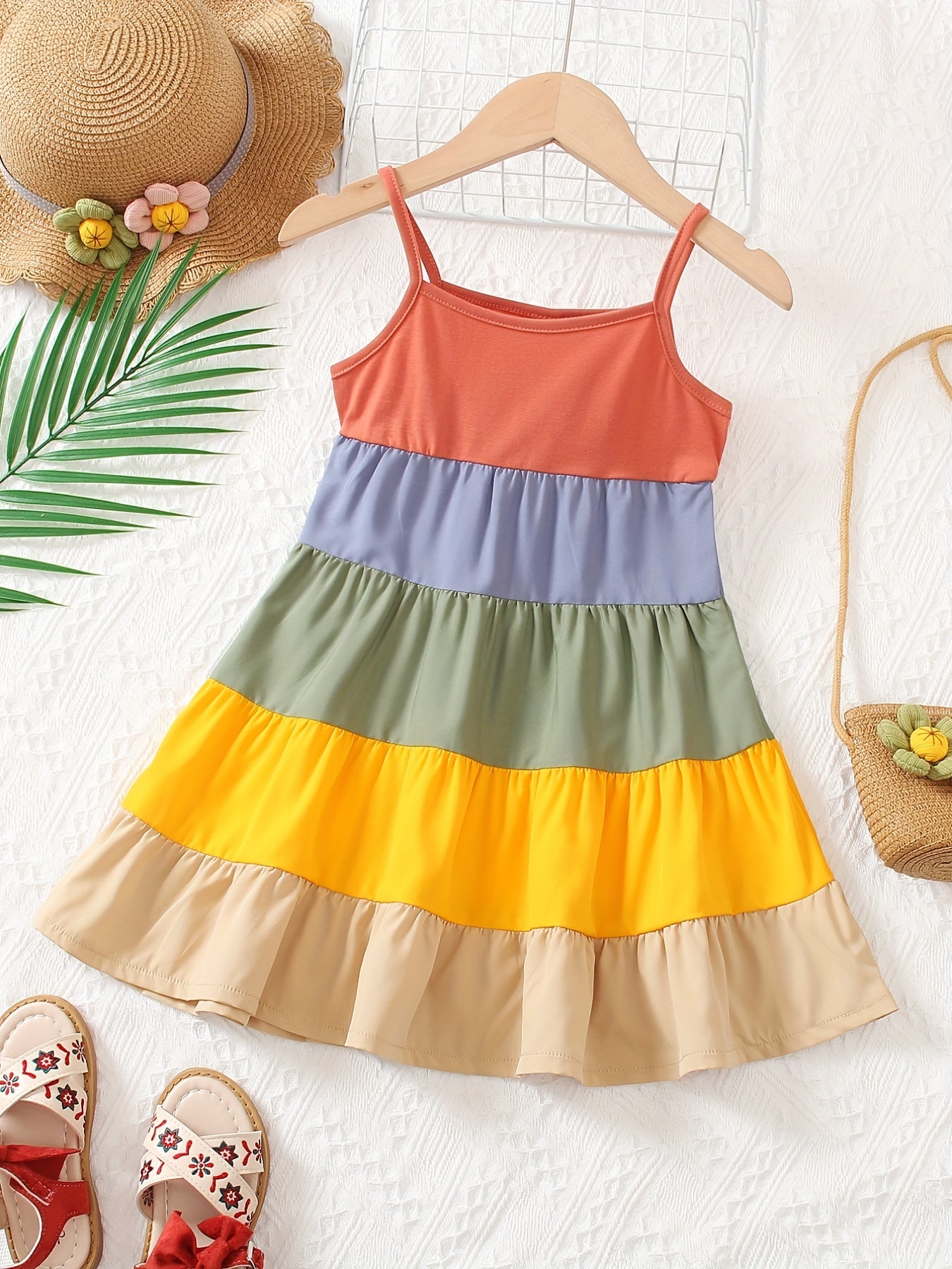 Girls' Spaghetti Strap Color-Blocked Rainbow Cake Dress - Perfect for Outdoor Occasions.
