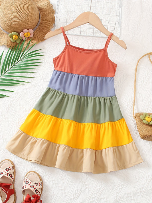 Girls' Spaghetti Strap Color-Blocked Rainbow Cake Dress - Perfect for Outdoor Occasions.