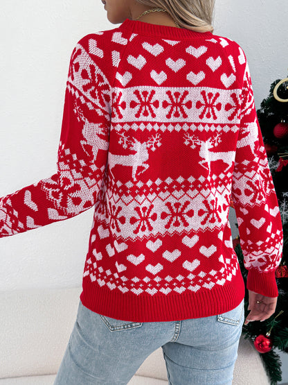 Women Christmas Deer Pattern Long Sleeve Pullover Sweater