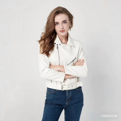 Women's Fashion Diagonal Zipper Slim Fit Washed Motorcycle Jacket