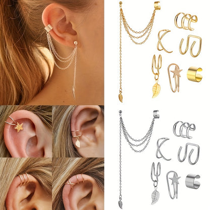 Set Of 7 Trendy Golden Leaf Tassel Earrings With C-shaped Geometric Star Ear Clips