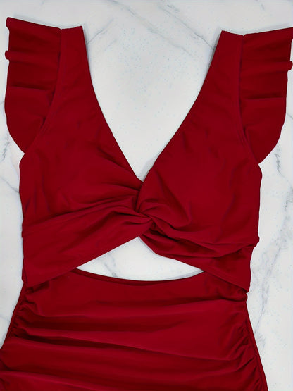 V Neck Ruched One Piece Swimsuit with Flattering Ruffle Accent - Stylish Cut Out Back Buckle Detail & High Cut Leg - Premium Womens Swimwear Bathing Suit