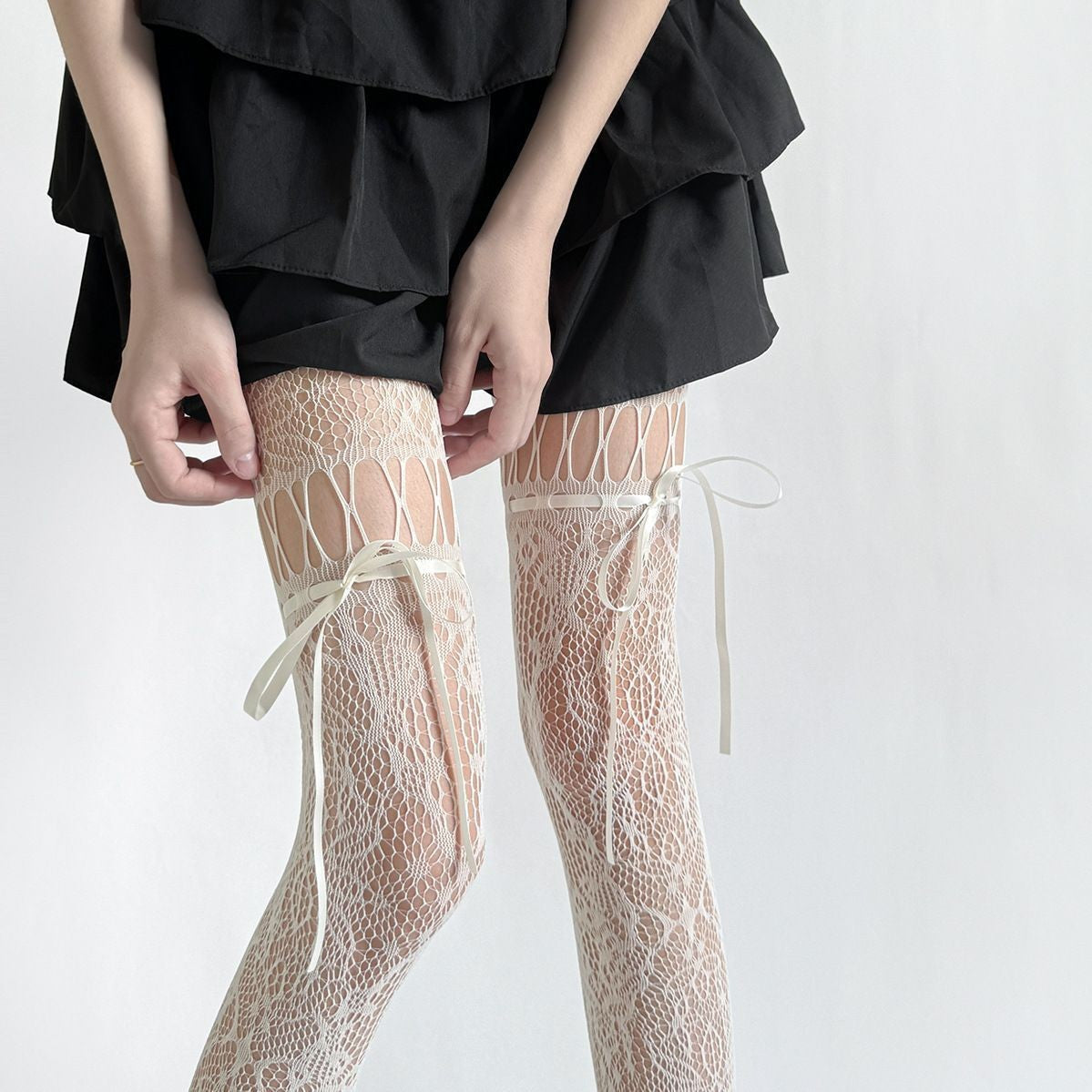 Dark Night Black Ribbon Bow Fishnet Japanese Hollow-out Pantyhose