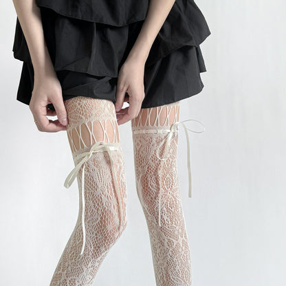 Dark Night Black Ribbon Bow Fishnet Japanese Hollow-out Pantyhose