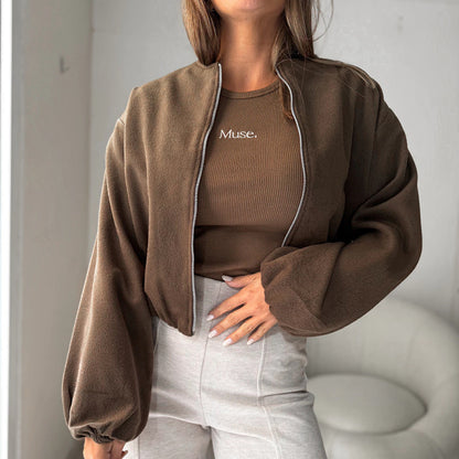 Women's Off-shoulder Round Neck Lantern Sleeve Short Coat
