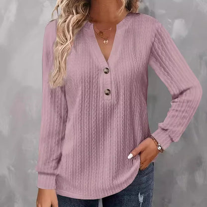 Women's Solid-color Long-sleeve V-neck Button T-shirt Top