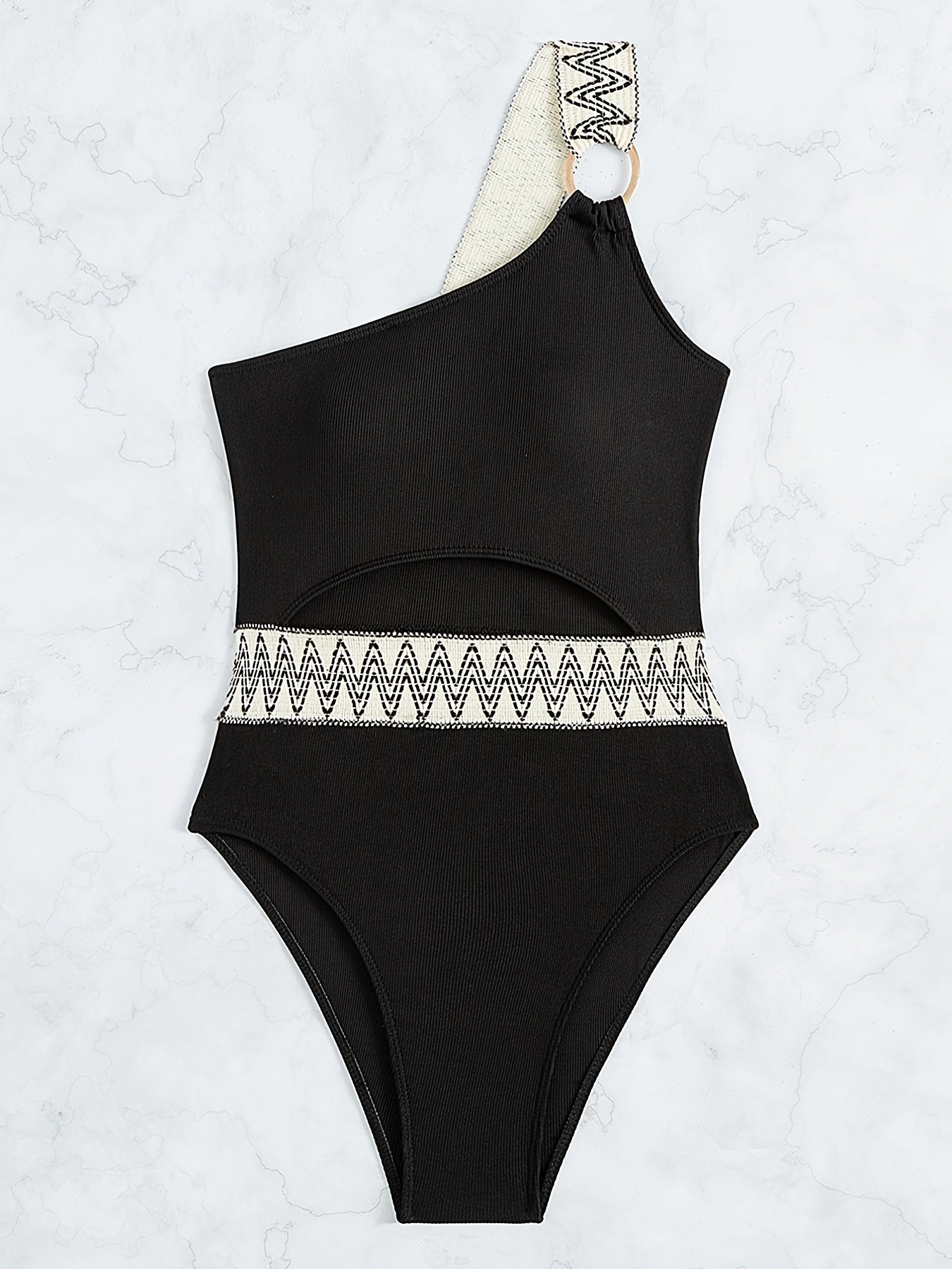 One Shoulder Cut Out Bathing Suit, Ring-Linked Asymmetrical Neck High Cut Bathing Suit, Women's Swimwear & Clothing