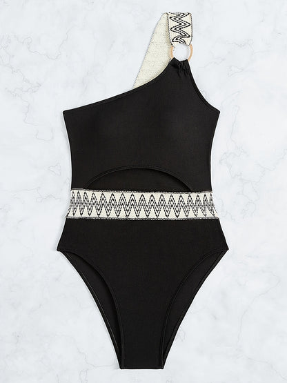 One Shoulder Cut Out Bathing Suit, Ring-Linked Asymmetrical Neck High Cut Bathing Suit, Women's Swimwear & Clothing