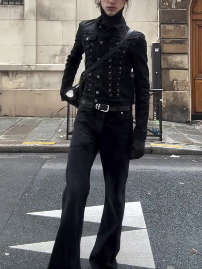Black Lace-Up Deconstructed Denim Jacket