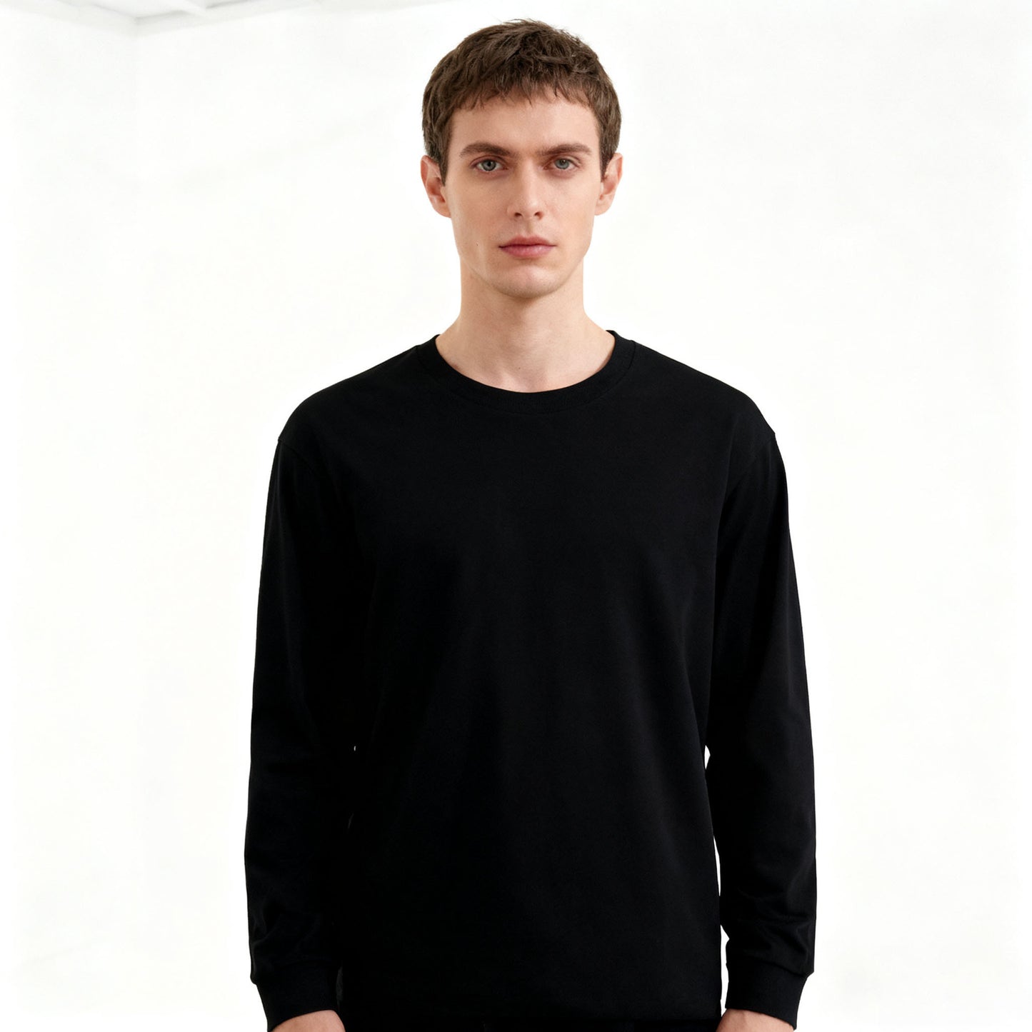 Solid-color Heavyweight Pure Cotton Crew-neck Long-sleeve T-shirt For Women
