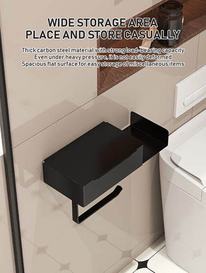 1pc Wrought Iron Bathroom Tissue Holder with Shelf - Self-Adhesive Wall Mounted Toilet Paper Roll Dispenser, Non-Drilling Installation, Multi-Functional Storage for Wet Wipes and Phone, Home Decor