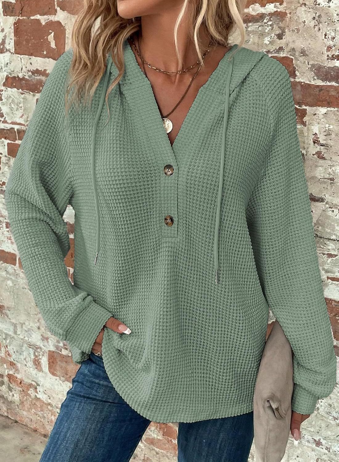 Waffle Hooded Sweater Sweatshirt Fashion Casual Long-sleeved Drawstring V-neck Buttons Top Women's Clothing