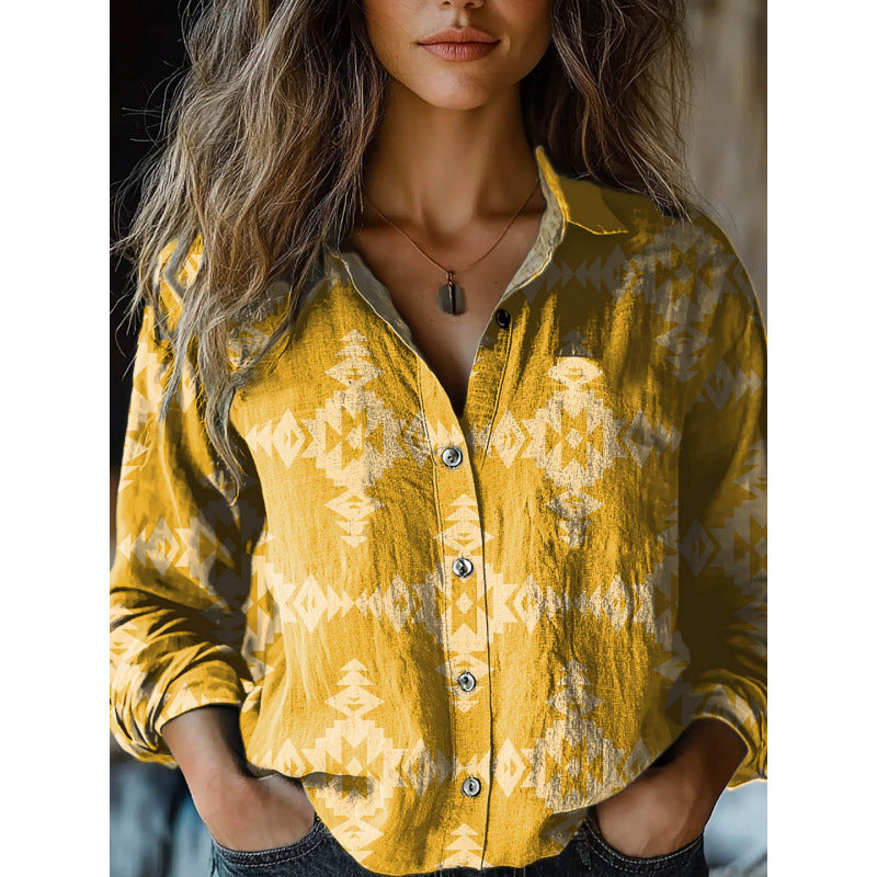 Retro Print Long Sleeve Casual Shirt