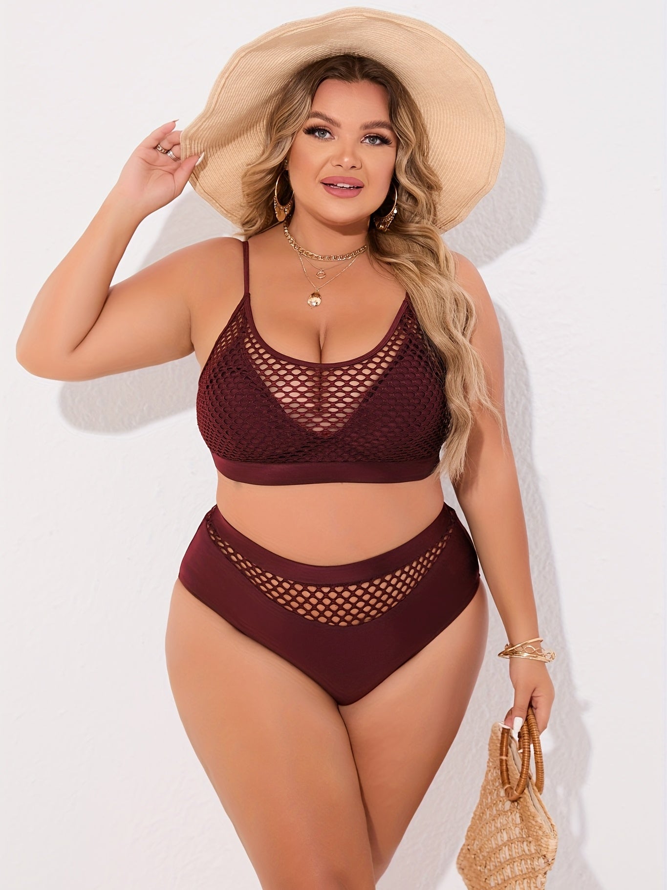 Plus Size Casual Bikini Set, Women's Plus Solid Contrast Fishnet Hollow Out High Stretch Crop Tank Top & Underwear Swimsuit Two Piece Set