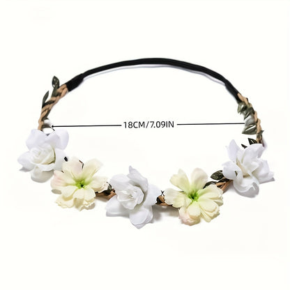 Adjustable Floral Garland Headband for Women & Girls - Multicolor Artificial Flower Crown with Soft Pastel Shades, Black Elastic Band & Golden Accents for Weddings, Festivals, Parties, Special Occasion Wear, Elegant Headpiece