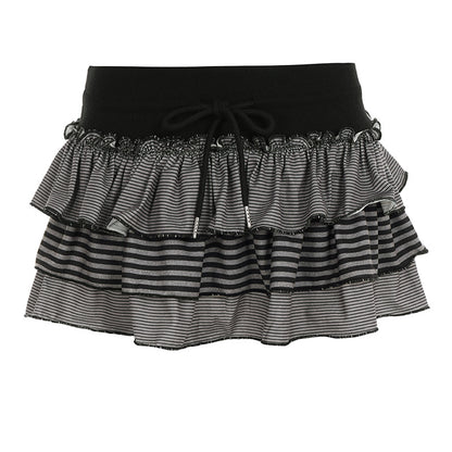 Contrast-color Striped Figure-flattering Layered Ruffle Cake Skirt