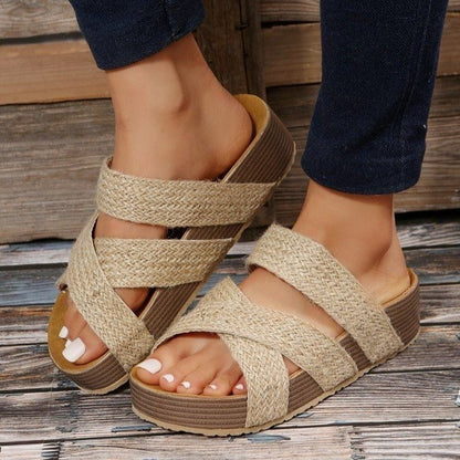 Women's Woven Cross-Strap Platform Sandals - Summer Beach Slippers | Flat Comfort Slides