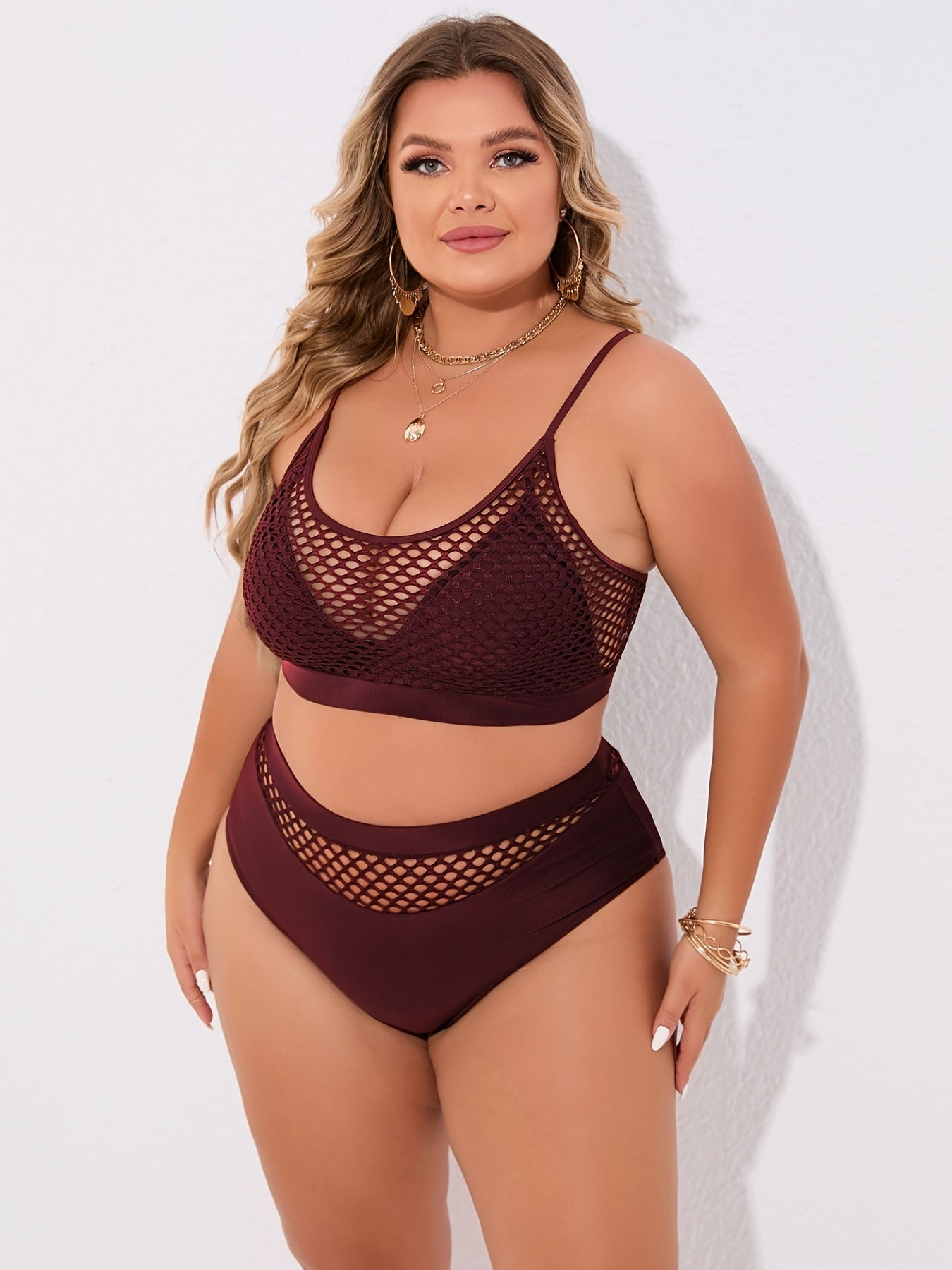 Plus Size Casual Bikini Set, Women's Plus Solid Contrast Fishnet Hollow Out High Stretch Crop Tank Top & Underwear Swimsuit Two Piece Set