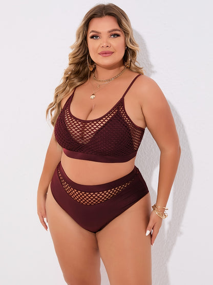 Plus Size Casual Bikini Set, Women's Plus Solid Contrast Fishnet Hollow Out High Stretch Crop Tank Top & Underwear Swimsuit Two Piece Set