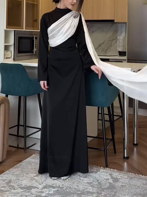 Contrast Color Scarf Waist Long Sleeve Maxi Dress