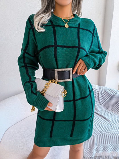 Premium Color Block Plaid Sweater Dress - Women's Long Sleeve Casual Bodycon Dress