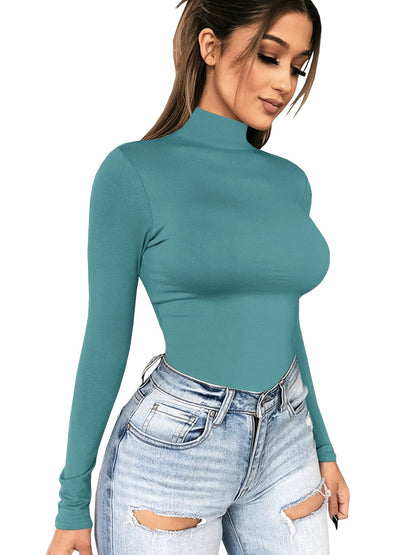 Women's Basic Solid Stretchy Long Sleeve Turtle Neck T-Shirt - Casual Everyday Top for Comfort and Style