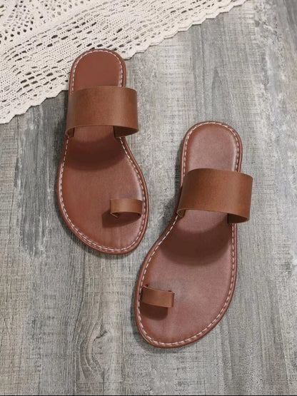 Women's Dark Brown Toe Loop Sandals - Comfortable Flat Slip-On Slides for Indoor & Outdoor Wear