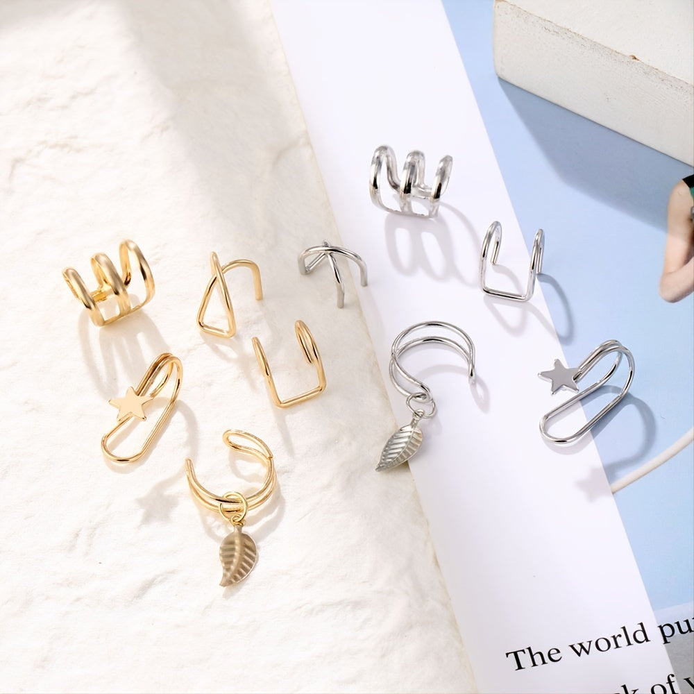 Set Of 7 Trendy Golden Leaf Tassel Earrings With C-shaped Geometric Star Ear Clips