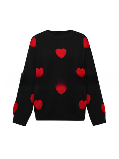 Women's 3D Jacquard Heart Pullover Sweater With Long Sleeves And Light Stretch