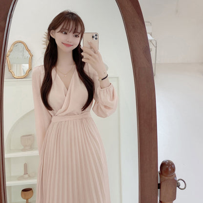 Mid Length Long Sleeve Pleated Dress
