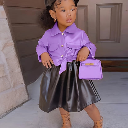 Vibrant Color Block PU Leather Dress for Girls - Stylish Button Lapel Design, Adjustable Belt, and Comfortable Fit for Kids' Everyday Wear