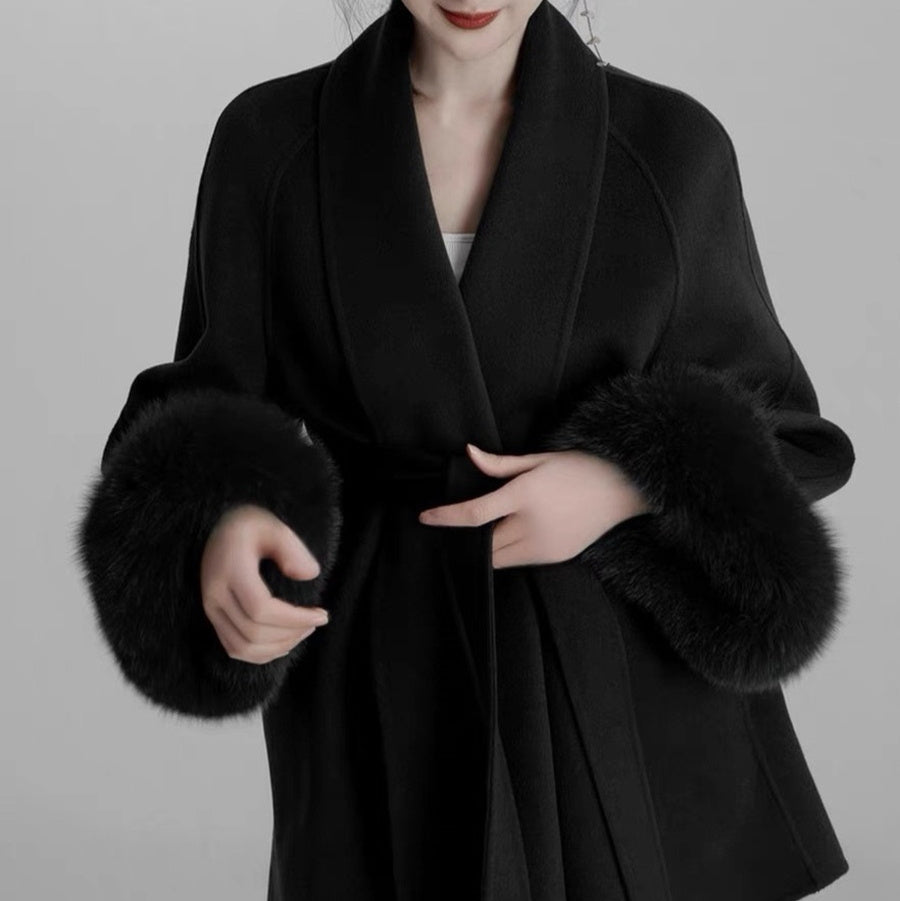 Women's Black Fox Fur Double-faced Cashmere Elegant Short Coat