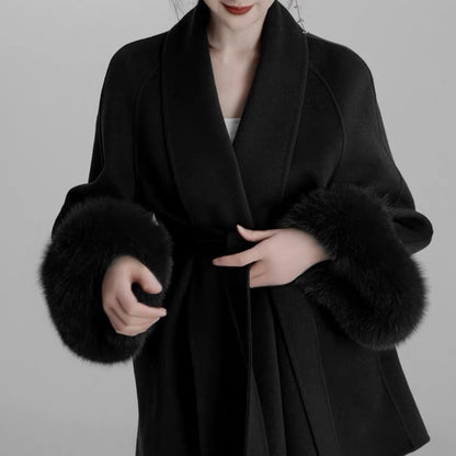Women's Black Fox Fur Double-faced Cashmere Elegant Short Coat