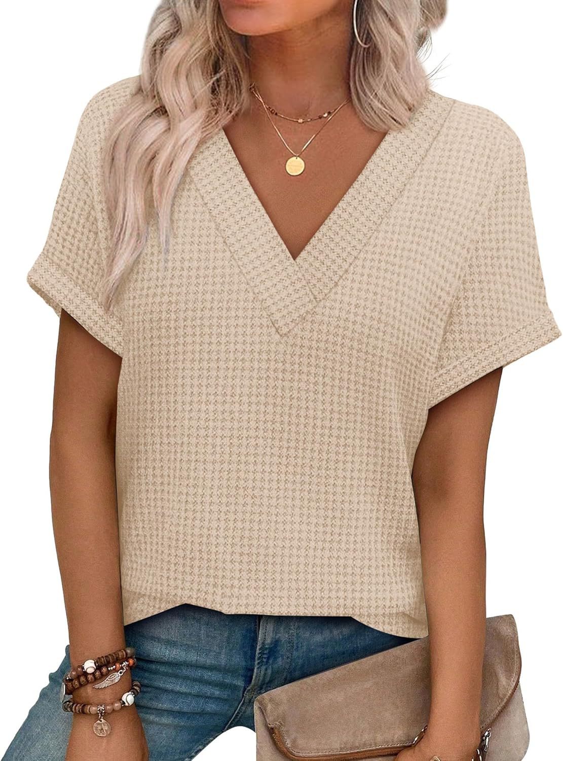 Casual Striped Textured Short-Sleeve Arrival V-Neck Knitted T-Shirt