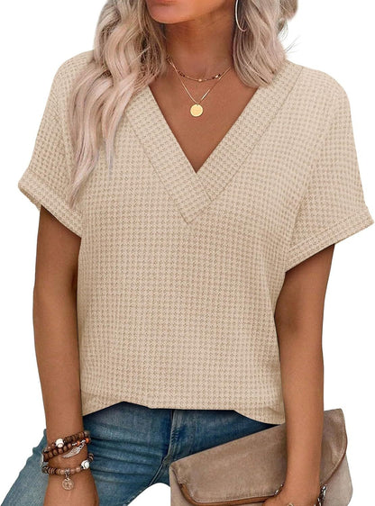 Casual Striped Textured Short-Sleeve Arrival V-Neck Knitted T-Shirt