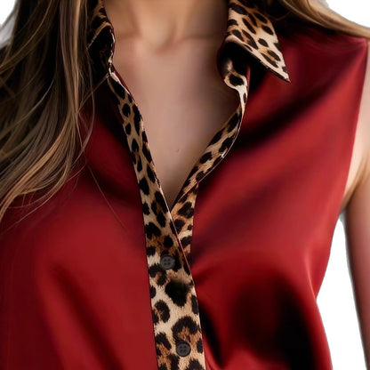 Womens Long-Sleeve Leopard-Print Crew-Neck Spliced Satin Shirt