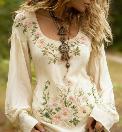 Grass And Flower Embroidered Linen Shirt